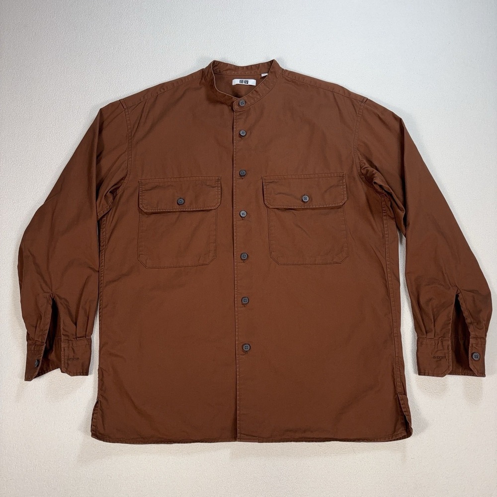 Uniqlo Wide Fit Stand Collar Shirt Men's M Brown 100% Cotton Pocket LifeWear